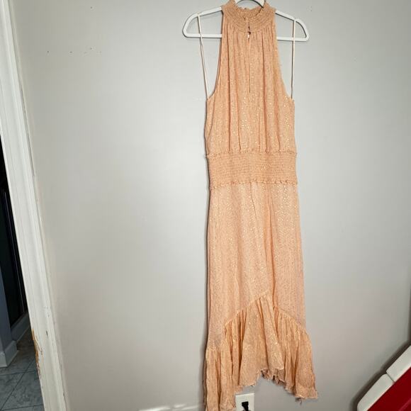 A.L.C. Kaia Halter Neck Blush Smocked Silk Metallic Midi Dress Size 8 NWT - Picture 6 of 10